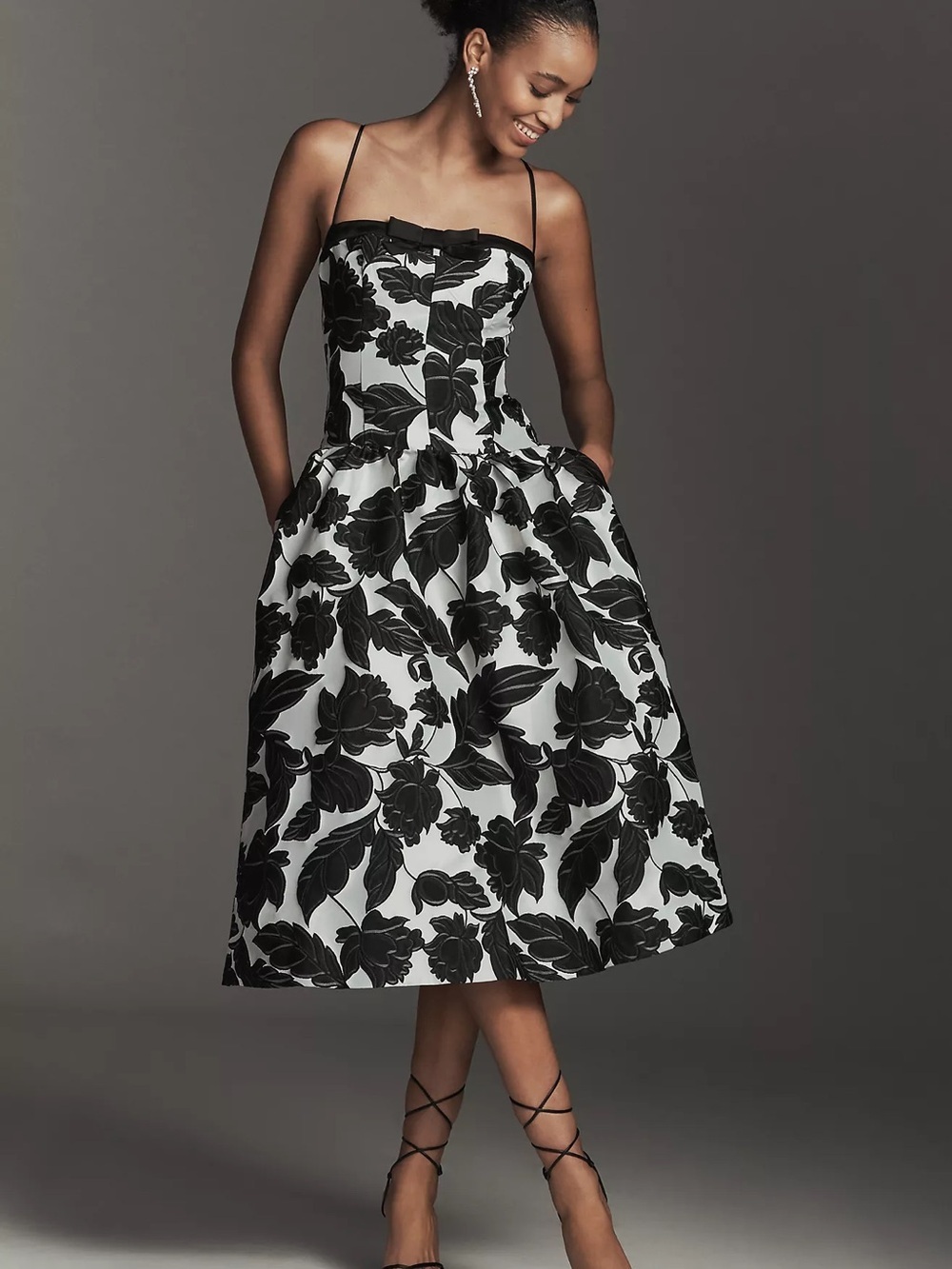 Anthropologie maeve black & white floral jacquard drop waist full cocktail dress - Picture 10 of 12